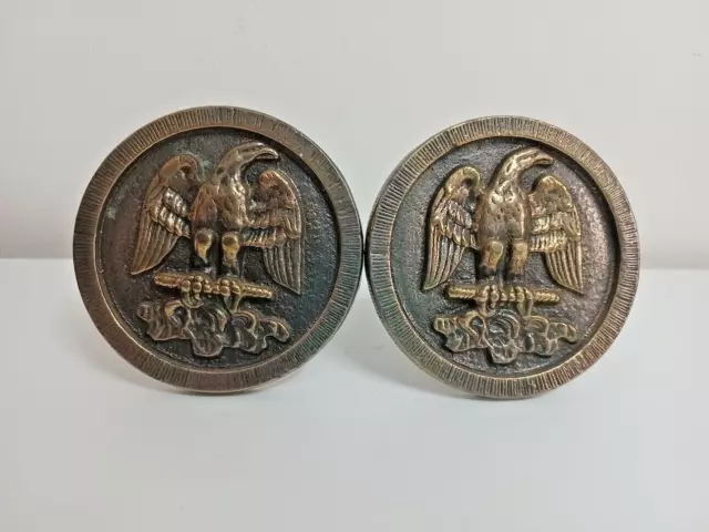 Two Vintage RARE Brass Federal Eagle 3-5/16" Round Curtain Screw Tie Backs 40108