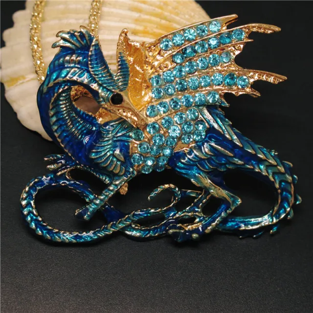 New Betsey Johnson  Blue Rhinestone Magic Dragon Crystal Pendant Chain Necklace