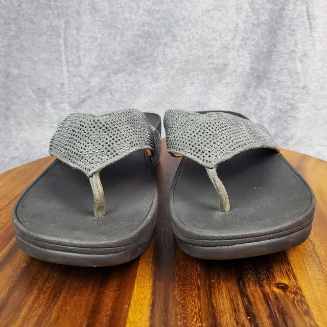 FitFlop Sandals Women's 10 Gray Pewter Black Toe Post Thong Rhinestones Comfort 2