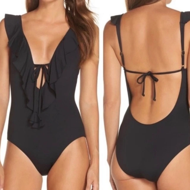 Becca Socialite Ruffle One Piece Bathing suit Swimsuit Black Size Small
