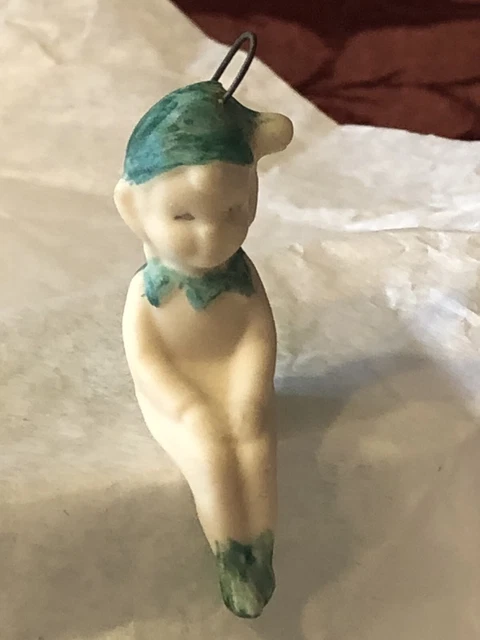 Dollhouse Miniature Bisque Pixie Doll Shelf Sitter Ornament Charm Green Hat Shoe 2