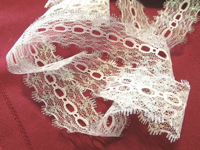 Eyelet/coathanger lace 5 metresx 37mm wide irridescent white with silver edging