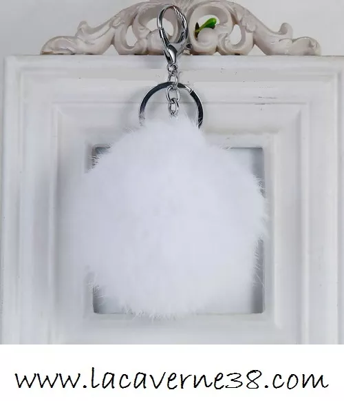 Porte clef clé pompon fourrure Angora blanc bijoux de sac diam 80mm perles déco