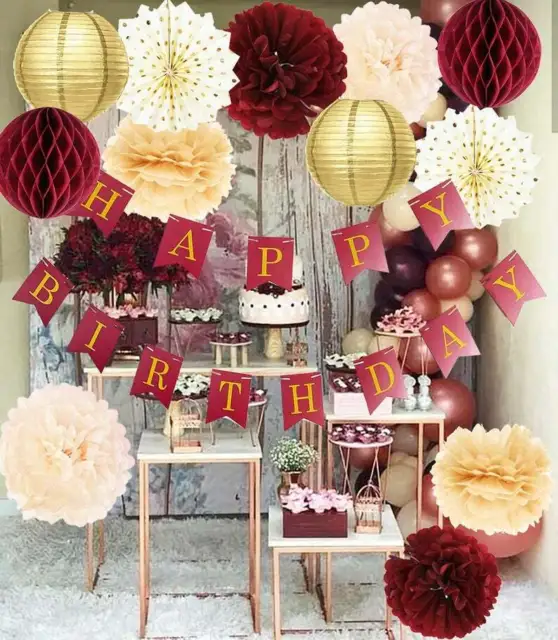 Burgundy and Gold Party Decorations for Women - Birthday Banner, Pom Poms & Fans