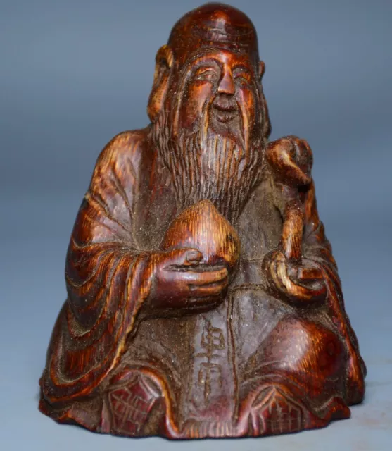 Chinese Antique Old Bamboo Carved God Of Longevity Statue Nice Art Work Figurine