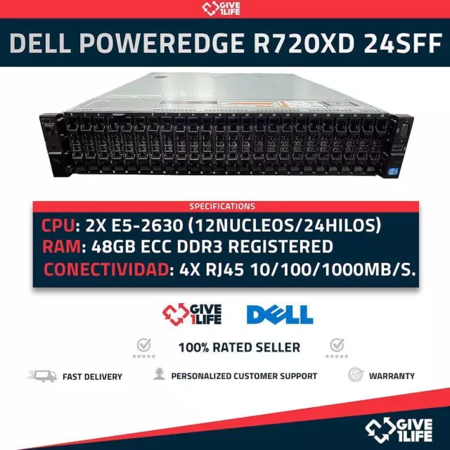 DELL R720XD 24SFF 2xE5-2630 + 48 Go de RAM + H710 + 4x1 Go de serveur rack LAN