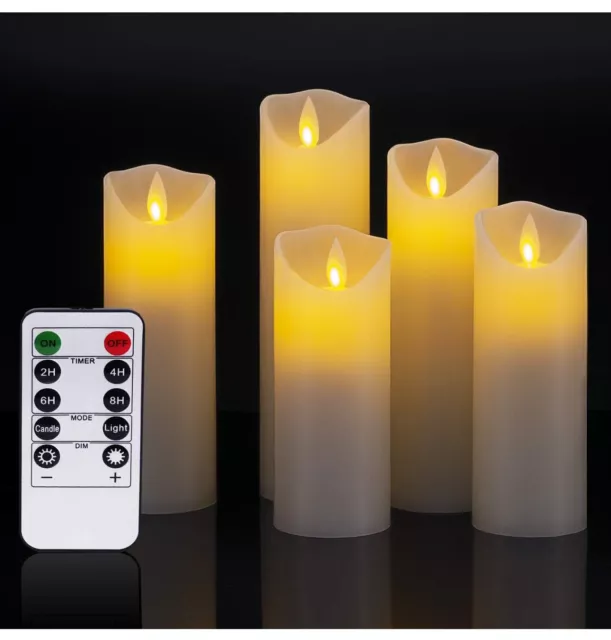 Set 5 LED Flameless Candles Realistic Dancing 10-key Remote Real Wax Ivory Gift