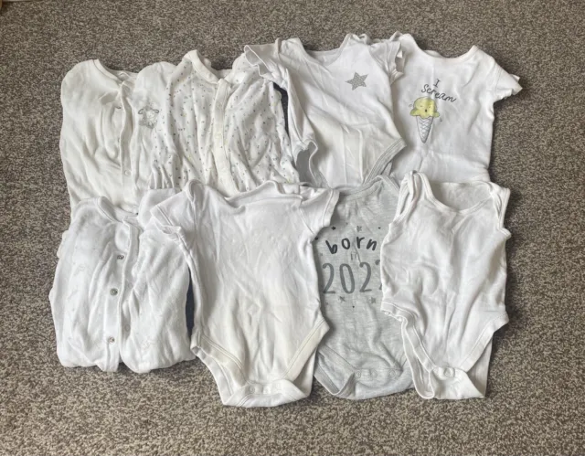 Unisex Baby White Sleepsuit And Vests 3-6 Month Bundle