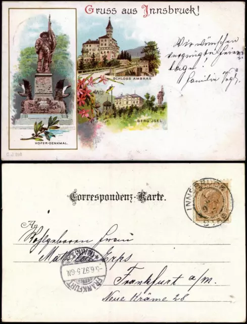 Litho AK Innsbruck Gruss aus... Schloss Ambras, Berg Jsel, Hofer-Denkmal 1897