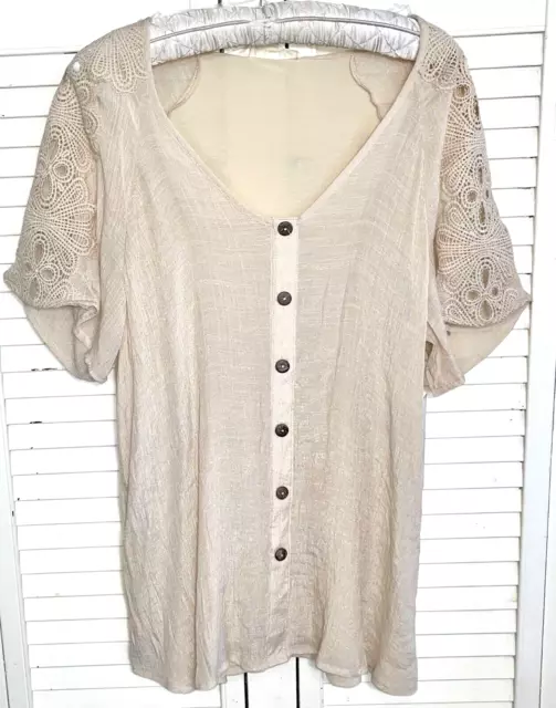 NEW Plus Size 2X 1X Beige Blouse Lace Crochet Top Button Shirt