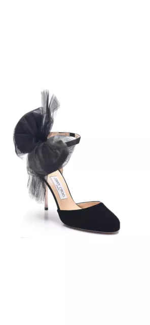 BEAUTIFUL Jimmy Choo Lou 37 Black Velvet Tulle Bow  Pump Lilyth Leather Metallic