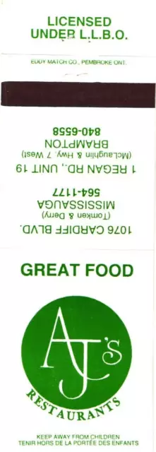 AJ's Restaurants, Great Food, Mississauga, Brampton Vintage Matchbook Cover
