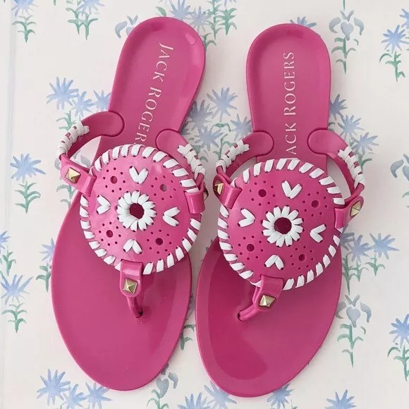 Jack Rogers Georgica Jelly Sandals Bright Pink White US 5 NEW Preppy Nautical
