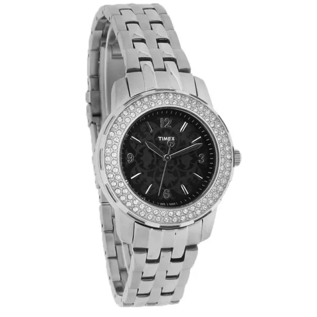 Timex Starlight Collection T2P397 Ladies Crystal Black Floral Dial Quartz Watch
