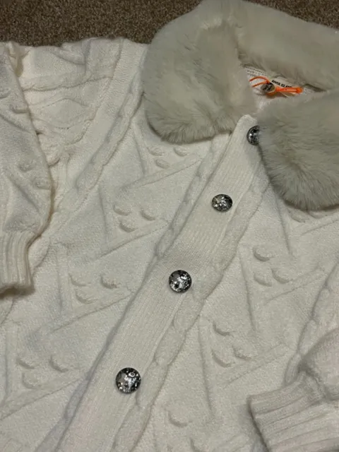 New River Island Mini Girls White Knitted Jacket Fur Collar 2-3 Years 2