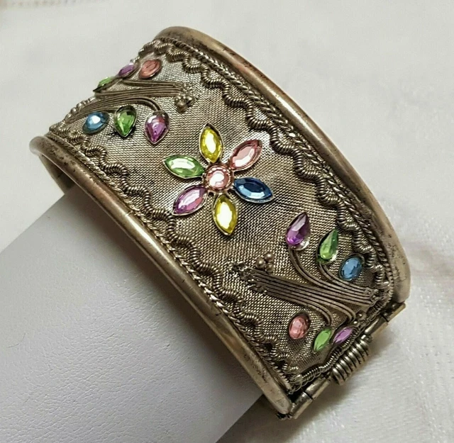 Bracelet Manchette Vintage Années 80 En Maille Argentée - Longueur ~19-20 Cm