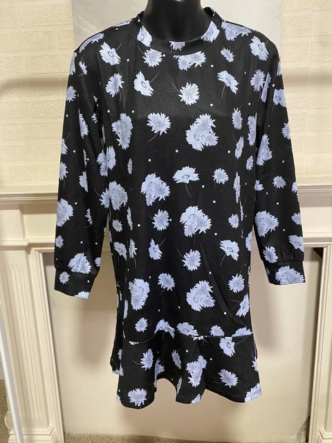 Mini Abito River Island Petite nero floreale orlo a maniche lunghe UK 6 NUOVO CON ETICHETTE