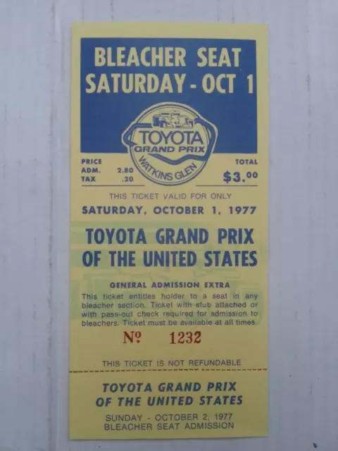 1977 BIGLIETTO GRAN PREMIO STATI UNITI WATKINS GLEN FORMULA 1 (F1) - Vittoria a caccia
