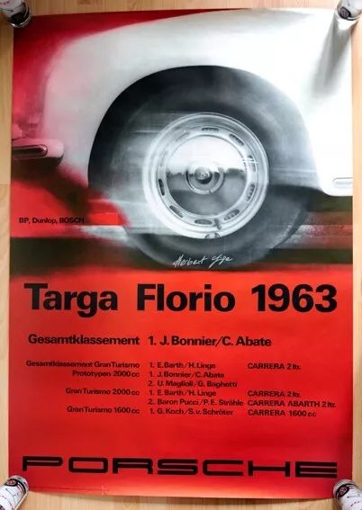 orig. Porsche Plakat Poster Targa Florio 1963 Porsche 356 signiert Herbert Linge