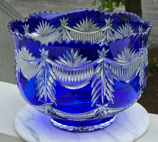 LARGE POLONIA Poland Large Cobalt Blue Cut to Clear 11 1/2 Inch Bowl LARGE POLONIA Poland Large Cobalt Blue Cut to Clear 11 1/2 Inch Bowl