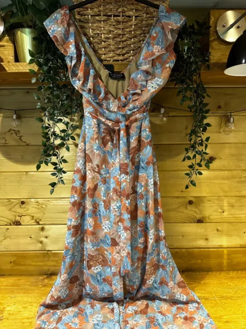 IN THE STYLE - Blue & Brown Floral Wide Leg Belted Jumpsuit - Size 12