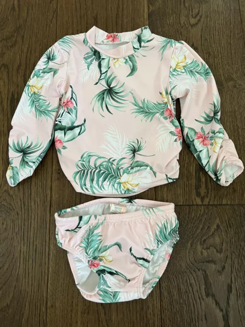 Seafolly baby girls size 1 bathers rash top bottoms pink floral tropical green