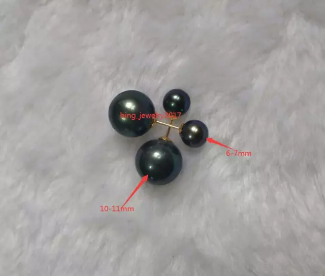 stunning  AAA+ 10-11mm Real natural Tahitian black round pearl earrings 18k Gold