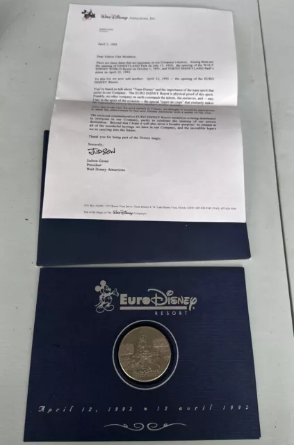 1992 Euro Disney Resort PARIS Medallion Coin Cast Member Exclusive and Letter