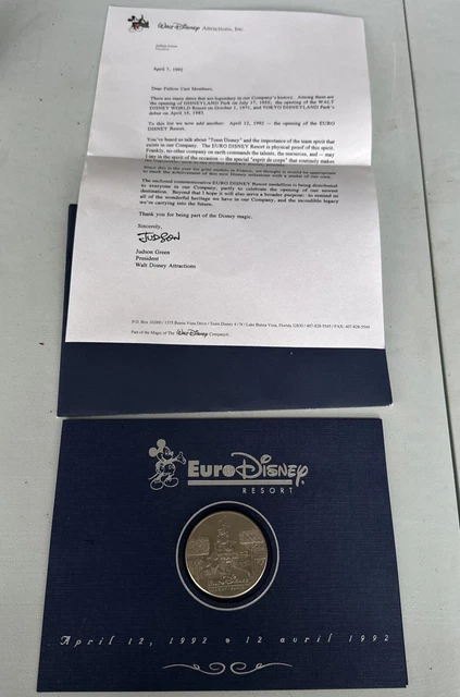 1992 Euro Disney Resort PARIS Medallion Coin Cast Member Exclusive and Letter