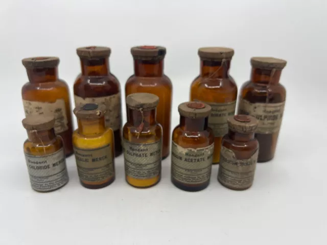 10 Merck Reagent Chemistry Antique Bottle Druggist Pharmacy Apothecary