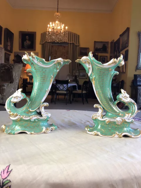 Pair Antique C19th Gilt Porcelain Green Rococo Horn Of Plenty Zoomorphic Vases