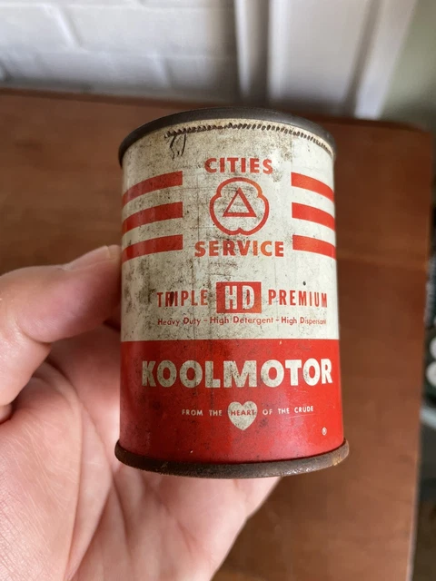 Vintage Cities Service Oil KOOLMOTOR Promotional Coin Piggy Bank Tin Can 3”