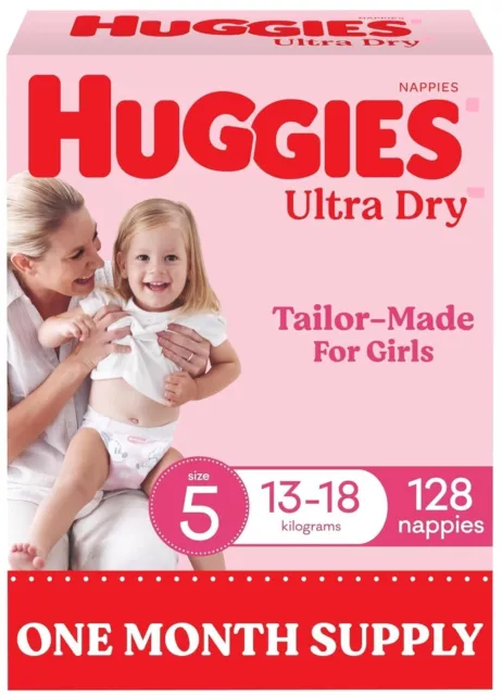 Huggies Ultra Dry Nappies Girls Size 5 (13-18kg) 128 Count - One Month Supply