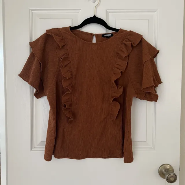 Express Women’s Textured Double Ruffle Top in Burnt Sienna Brown Size XS