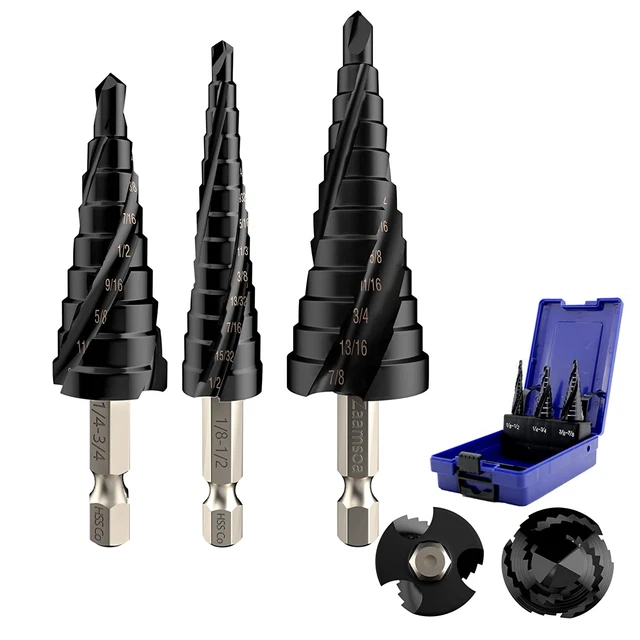 Three Spiral Flute M35 Cobalt Step Drill Bit Set, 1/8"-7/8"(3Pcs) Impact Ready T