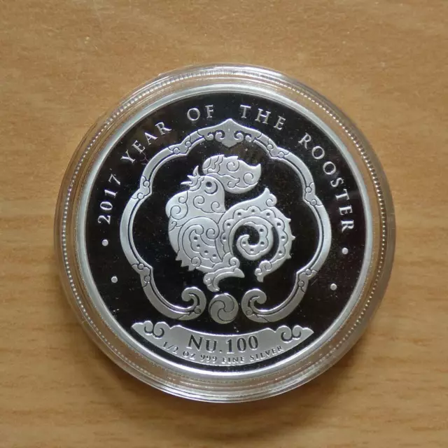 Bhutan 100 Nu Lunar Rooster 2017 silver 99.9% 1/2 oz coin with a capsule