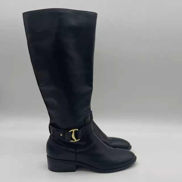 RLL Ralph Lauren Leather Micah Boots Womens Sz 7B Riding Black Gold Buckle 3906