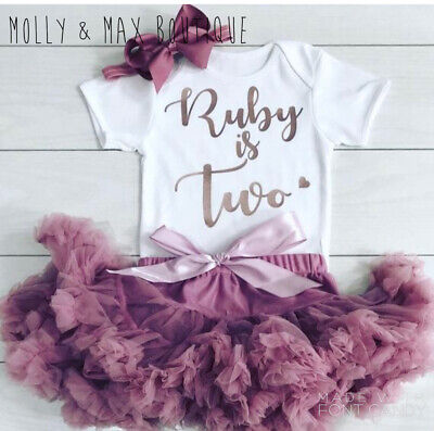 Girls 2nd Second Birthday Set Outfit Tutu Skirt Party Personalised Rose Gold Bow