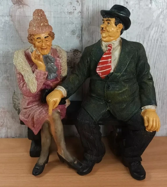 Vintage Laurel and Hardy Figure Sitting On A Bench Funny Classic Comedy Duo