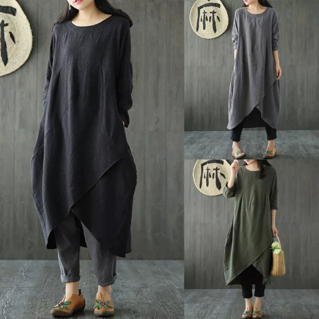 Dress Casual Plus Size Baggy Cotton linen Maxi Baggy Ladies Kaftan Long Sleeve