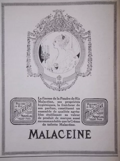 Publicité 1919 Malaceine La Finesse De La Poudre De Riz - Advertising