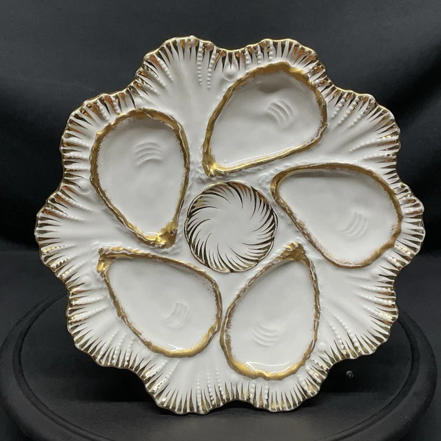 Shell Nameplate ANTIQUE OYSTER PLATE 5 Well White Gold Gilt Porcelain Shell Victorian ...