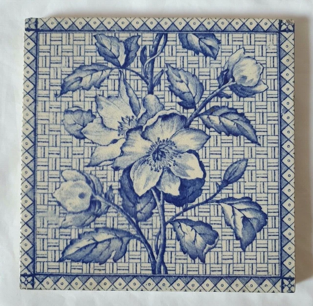 GORGEOUS FLORAL DESIGN 6 INCH ANTIQUE TILE (B)  CIRCA 1900s BLUE & WHITE
