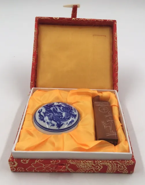 Vintage Chinese Dragon Stamp Kit A Porcelain Ink Holder With Red Ink & Stamp