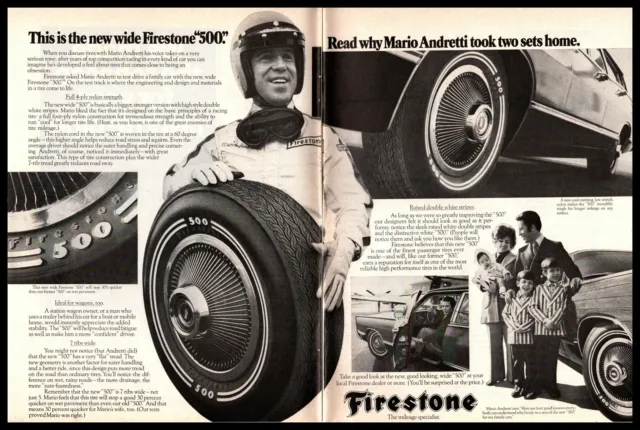 1970 Mario Andretti & His Family Firestone 500 4-Ply Nylon Tires 2-Page Print Ad