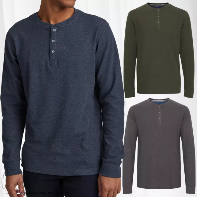 Men BLEND Longsleeve Basic Shirt Thin Round Neck Grandad Sweater with Buttons