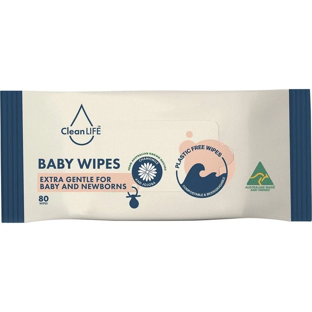 CleanLIFE Plastic Free Wipes, Extra Gentle for Baby and Newborns, 80's