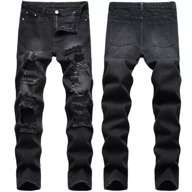 Men's Moto Biker Jeans Distressed Ripped Holes Skinny Slim Fit Denim Pants