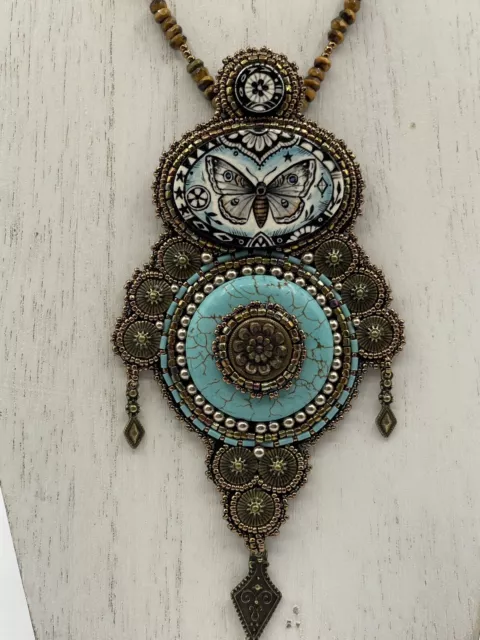 Bead Embroidered Necklace One Of A Kind Turquoise Porcelain Tiger Eye Necklace