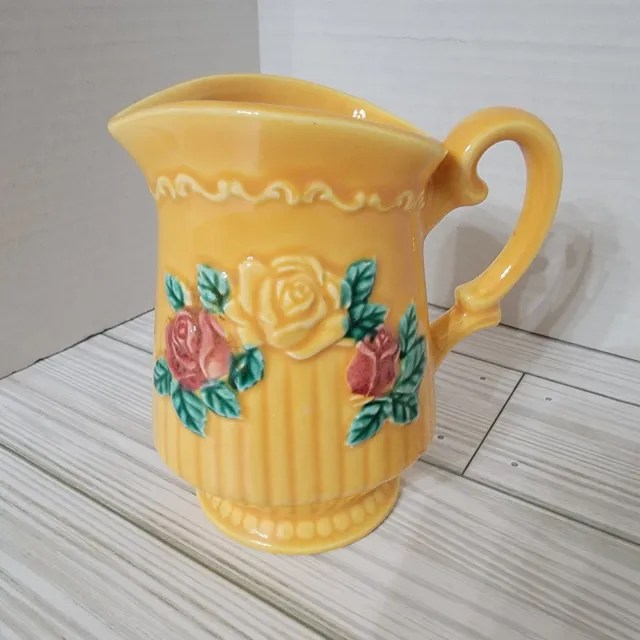 Vintage Norleans Japan Yellow Creamer Pitcher with Red Roses - 1950's